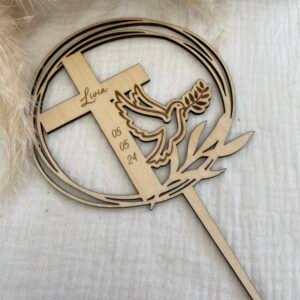 Cake topper rond colombe baptême