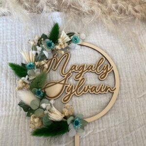 Cake topper fleurs vert & blanc